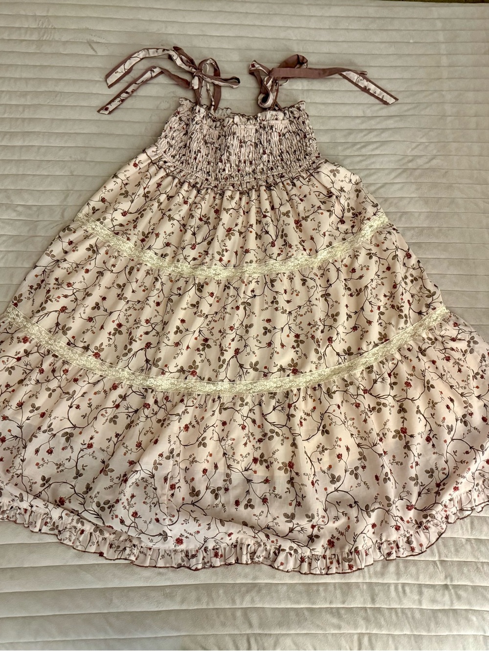 Simple Retro Bow Tie Light Brown Midi Dress with Rose Accents and Lace